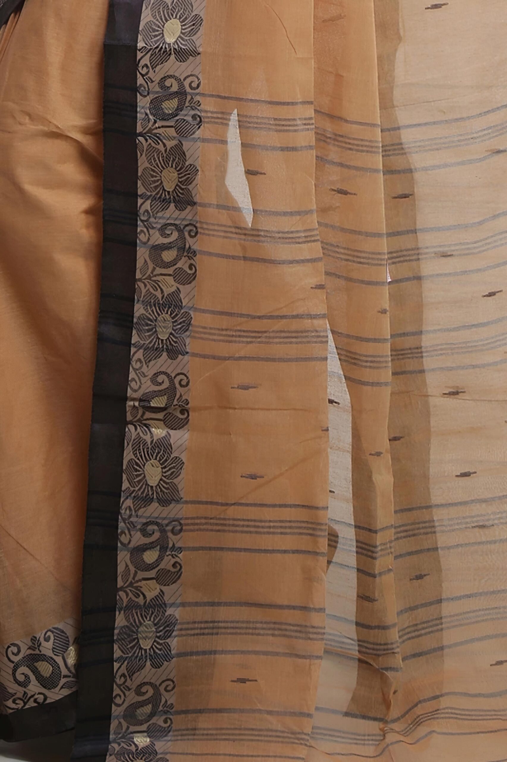 Elegant Biscuit Beige Tant Saree with Dark Charcoal Woven Border – Pure Handloom Cotton | Sutayan