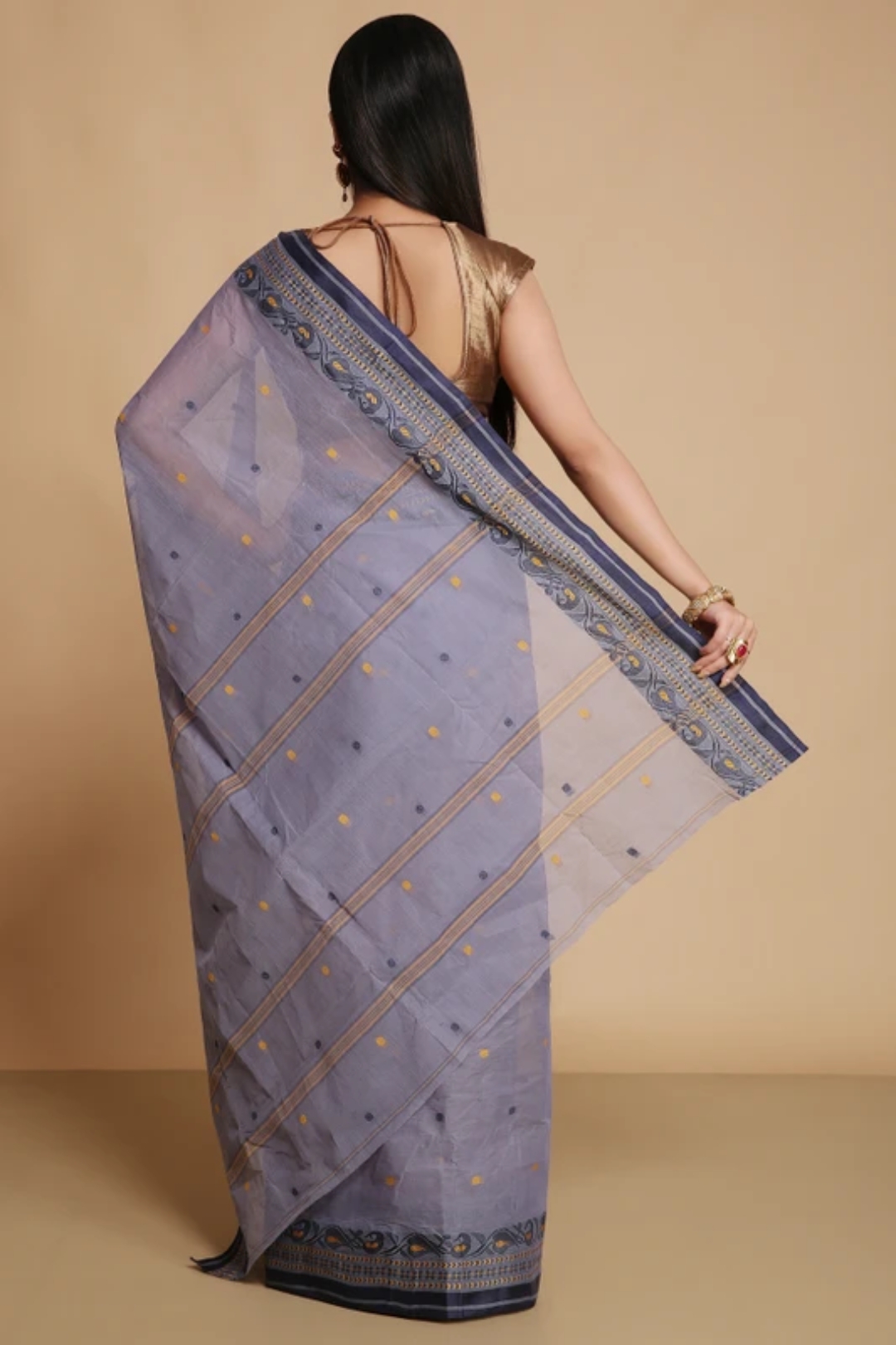 Elegant Steel Grey Tant Saree with Navy & Gold Woven Border – Pure Handloom Cotton | Sutayan