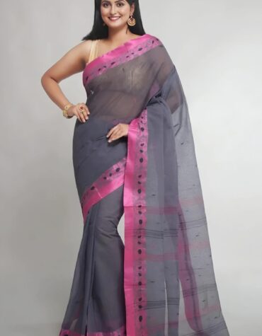 Chic Charcoal Grey Tant Saree with Vibrant Magenta Pink Border – Pure Handloom Cotton | Sutayan