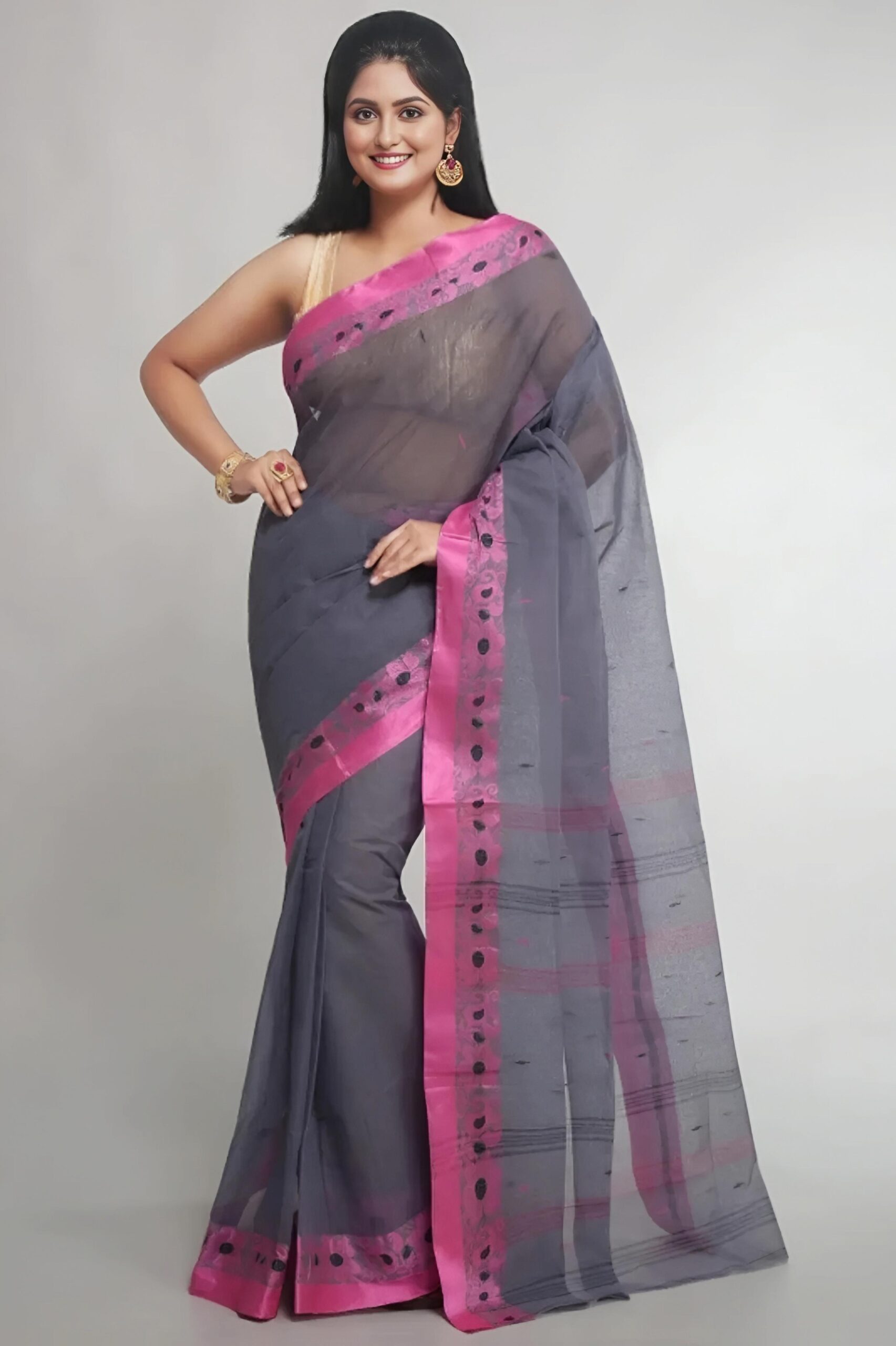 Chic Charcoal Grey Tant Saree with Vibrant Magenta Pink Border – Pure Handloom Cotton | Sutayan