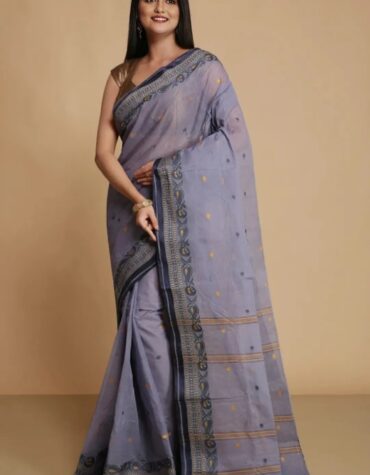 Elegant Steel Grey Tant Saree with Navy & Gold Woven Border – Pure Handloom Cotton | Sutayan