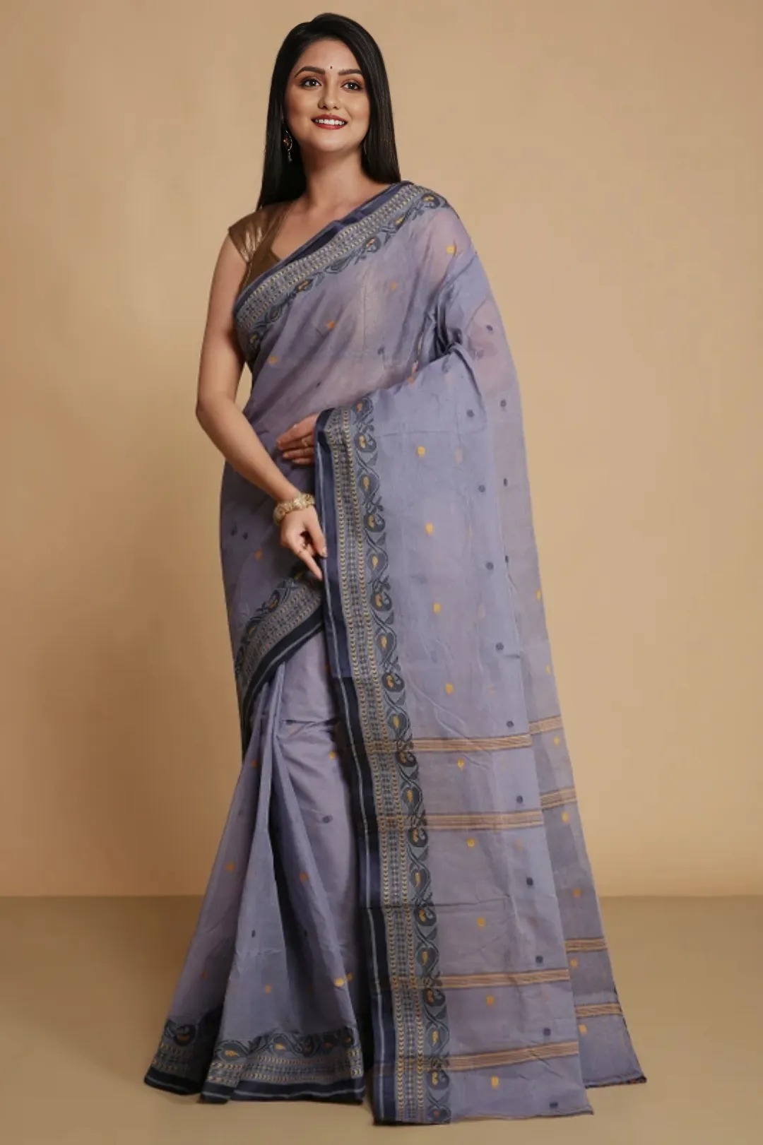 Elegant Steel Grey Tant Saree with Navy & Gold Woven Border – Pure Handloom Cotton | Sutayan