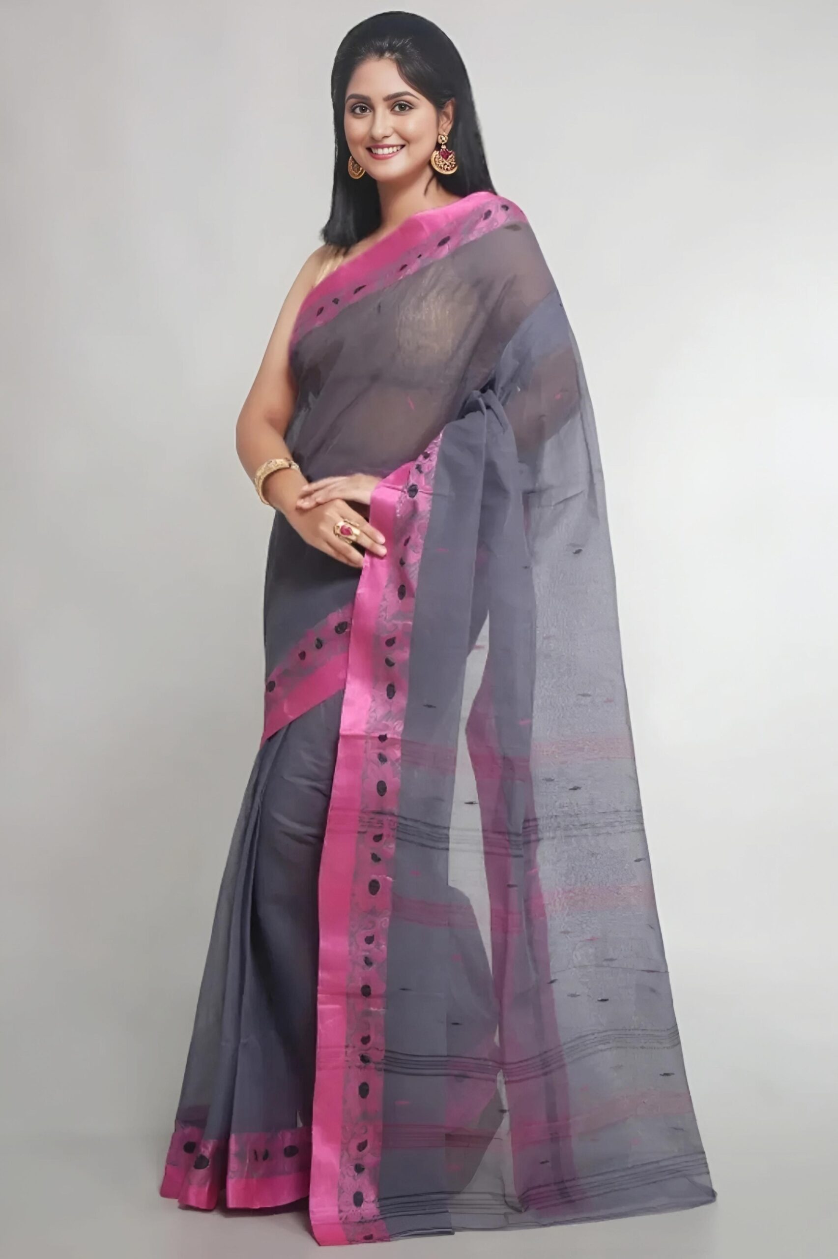 Chic Charcoal Grey Tant Saree with Vibrant Magenta Pink Border – Pure Handloom Cotton | Sutayan