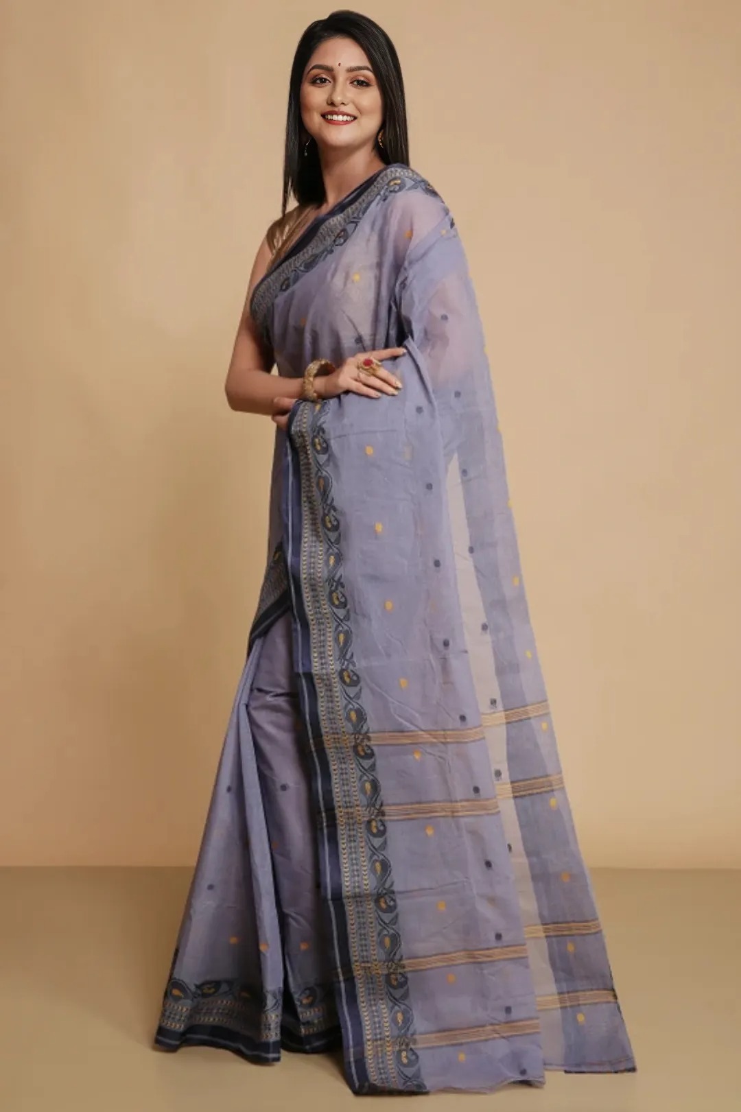 Elegant Steel Grey Tant Saree with Navy & Gold Woven Border – Pure Handloom Cotton | Sutayan