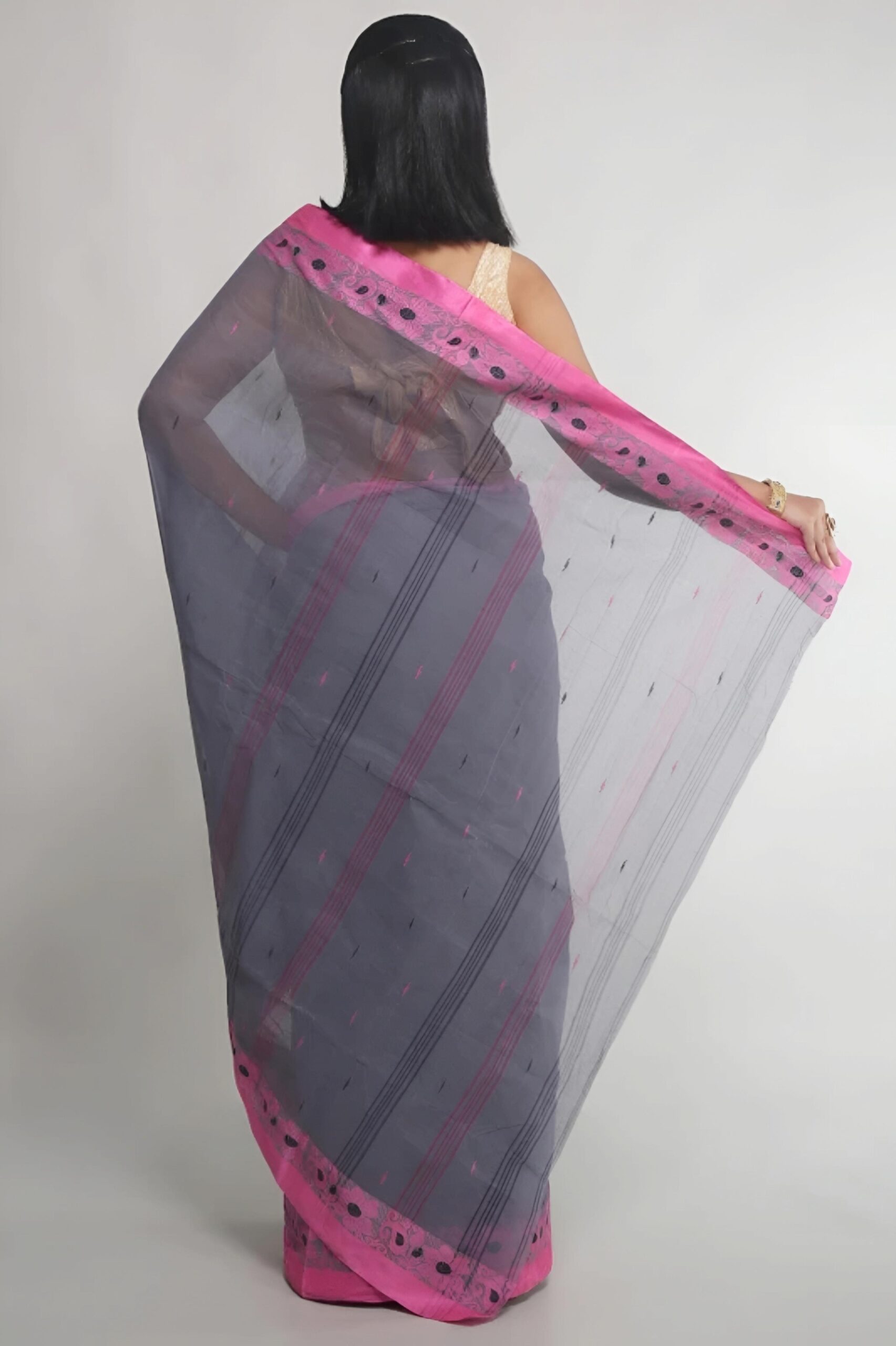 Chic Charcoal Grey Tant Saree with Vibrant Magenta Pink Border – Pure Handloom Cotton | Sutayan