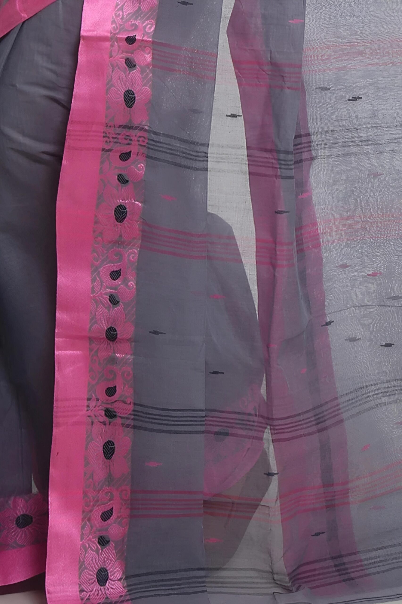 Chic Charcoal Grey Tant Saree with Vibrant Magenta Pink Border – Pure Handloom Cotton | Sutayan