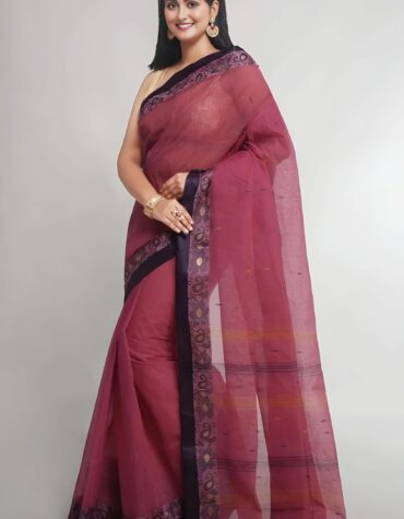 Royal Wine Plum Tant Saree with Contrast Navy Blue Woven Border – Pure Handloom Cotton | Sutayan
