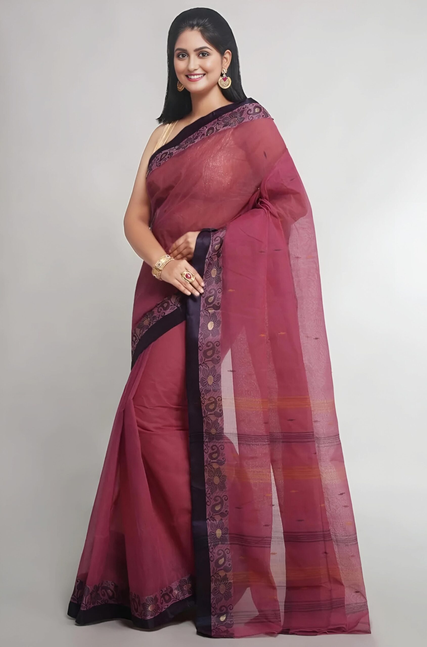 Royal Wine Plum Tant Saree with Contrast Navy Blue Woven Border – Pure Handloom Cotton | Sutayan