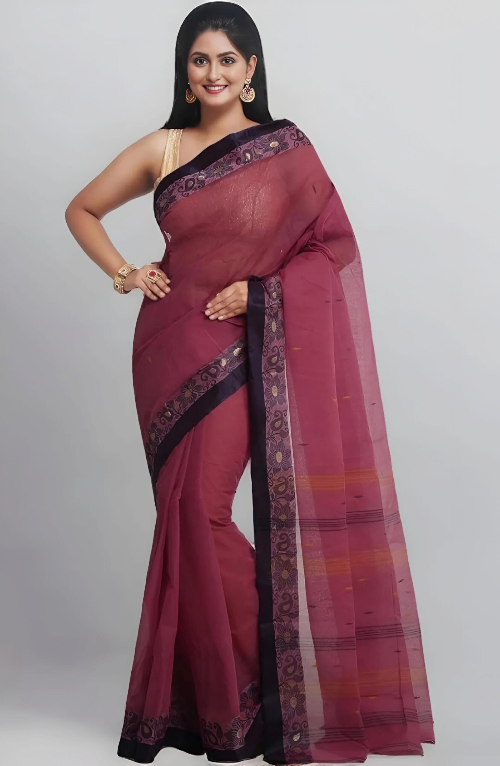 Royal Wine Plum Tant Saree with Contrast Navy Blue Woven Border – Pure Handloom Cotton | Sutayan