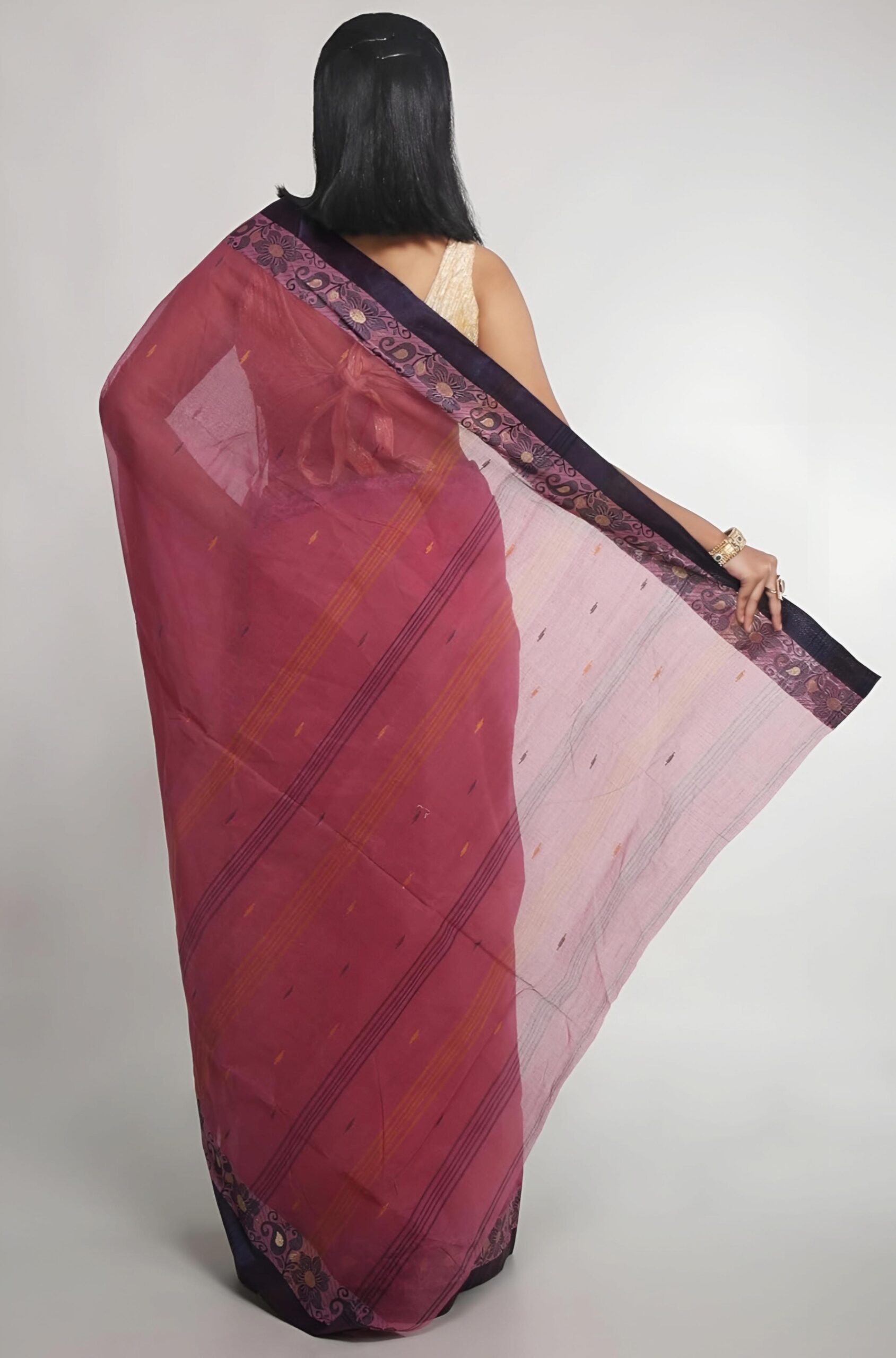 Royal Wine Plum Tant Saree with Contrast Navy Blue Woven Border – Pure Handloom Cotton | Sutayan