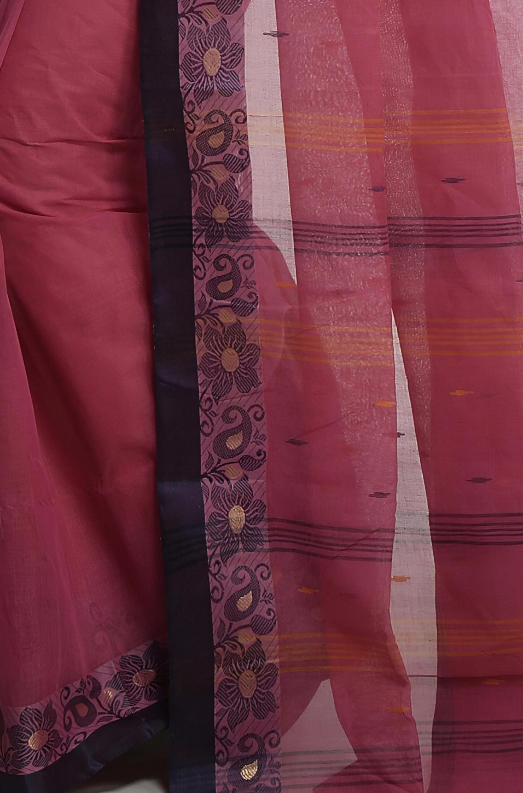 Royal Wine Plum Tant Saree with Contrast Navy Blue Woven Border – Pure Handloom Cotton | Sutayan