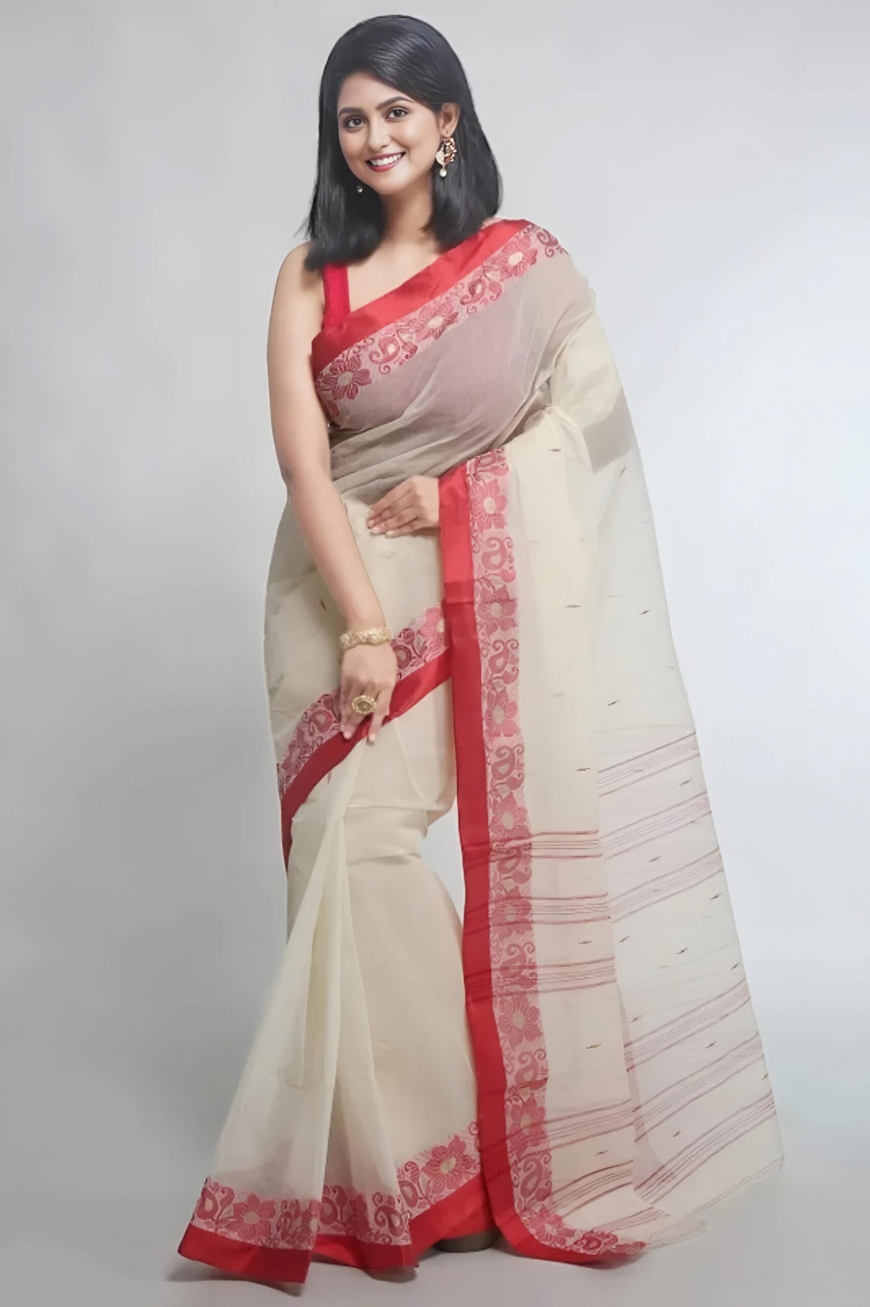 Classic Off-White & Red Bengali Tant Saree – Traditional Lal Paar Handloom Cotton Saree | Sutayan