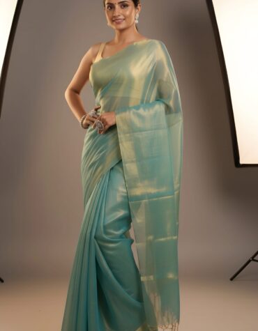 Luminous Sea Green & Gold Tissue Silk Saree with Blouse Piece – Luxury Festive Wear | Sutayan