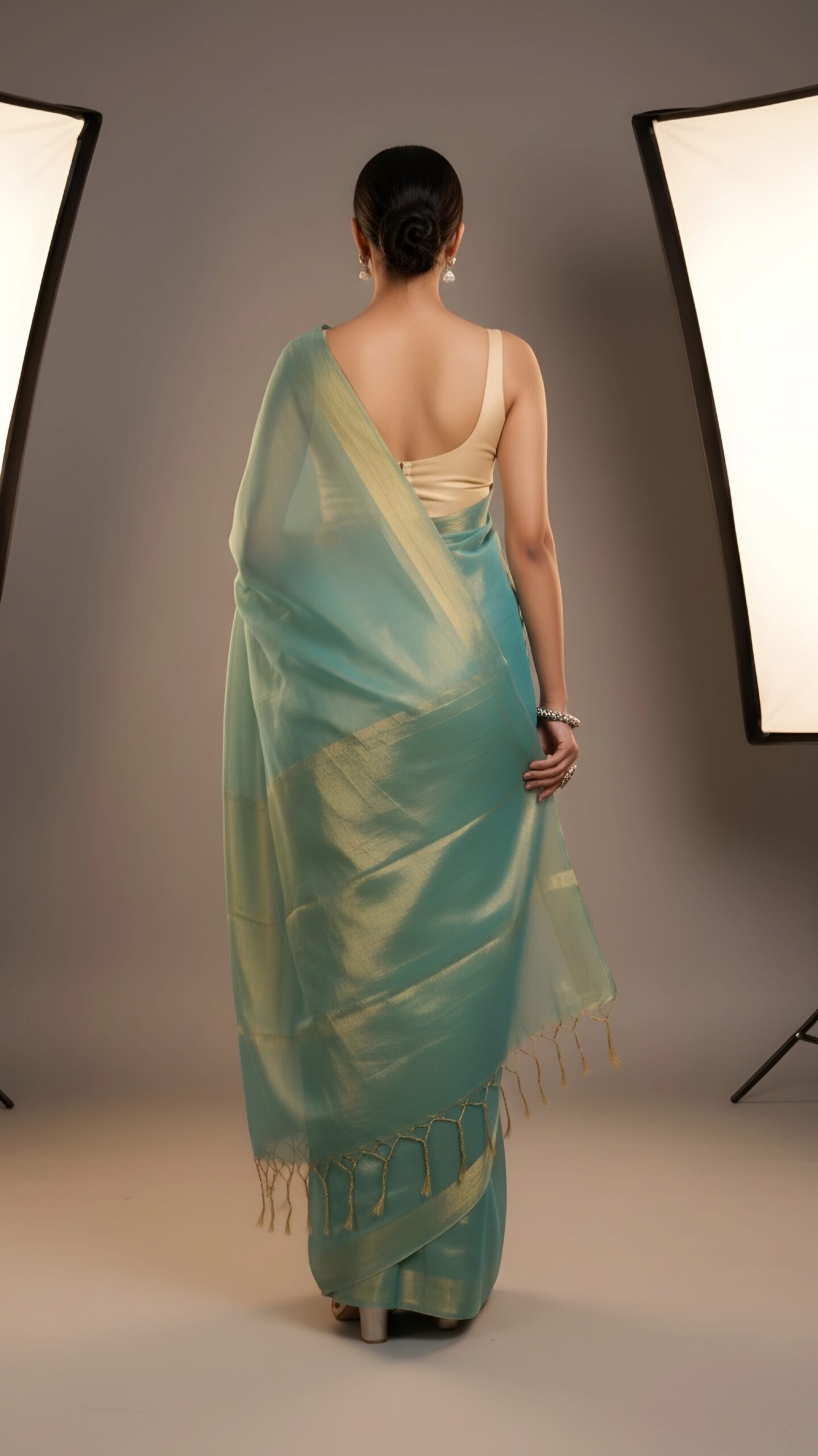 Luminous Sea Green & Gold Tissue Silk Saree with Blouse Piece – Luxury Festive Wear | Sutayan