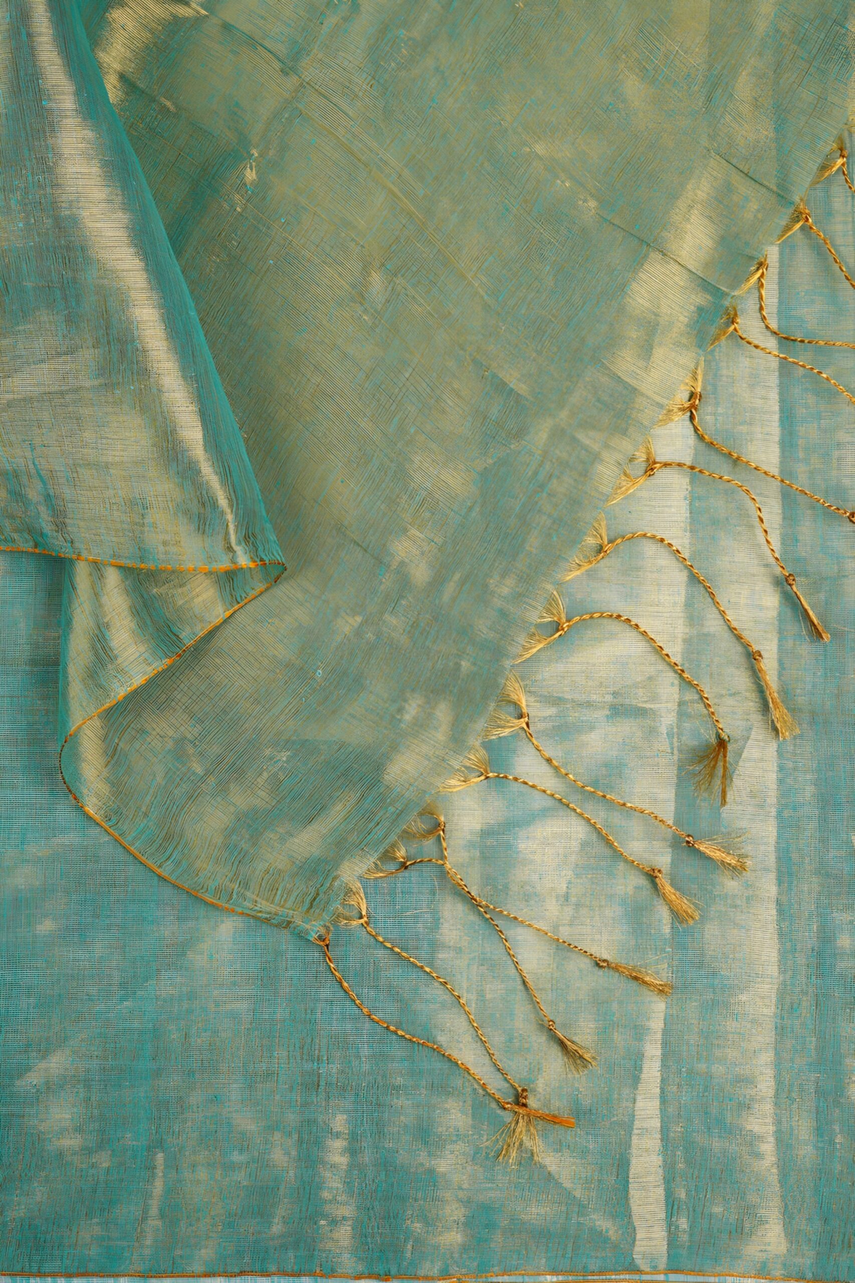 Luminous Sea Green & Gold Tissue Silk Saree with Blouse Piece – Luxury Festive Wear | Sutayan