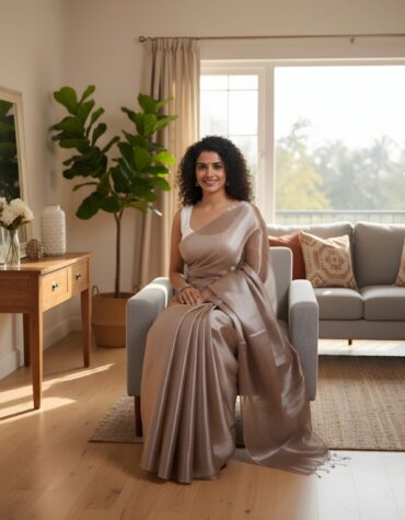 Metallic Rose Gold Tissue Silk Saree with Blouse Piece – Elegant Festive Wear | Sutayan