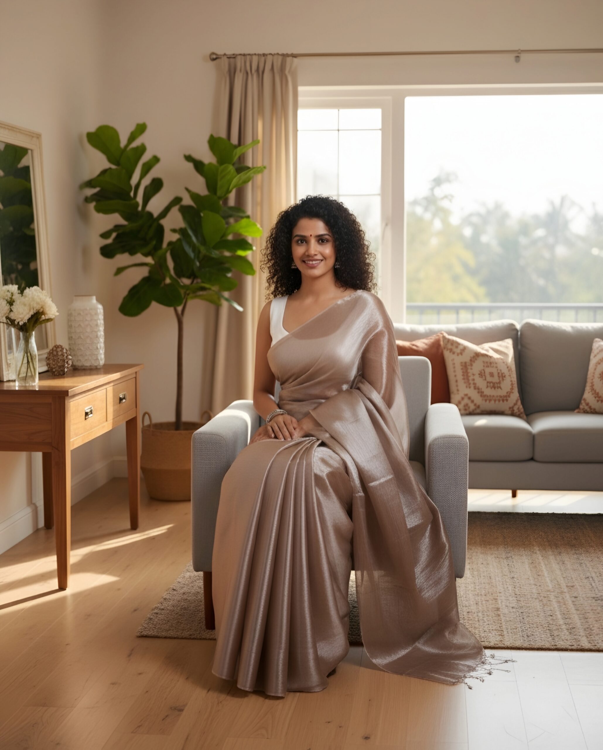 Metallic Rose Gold Tissue Silk Saree with Blouse Piece – Elegant Festive Wear | Sutayan