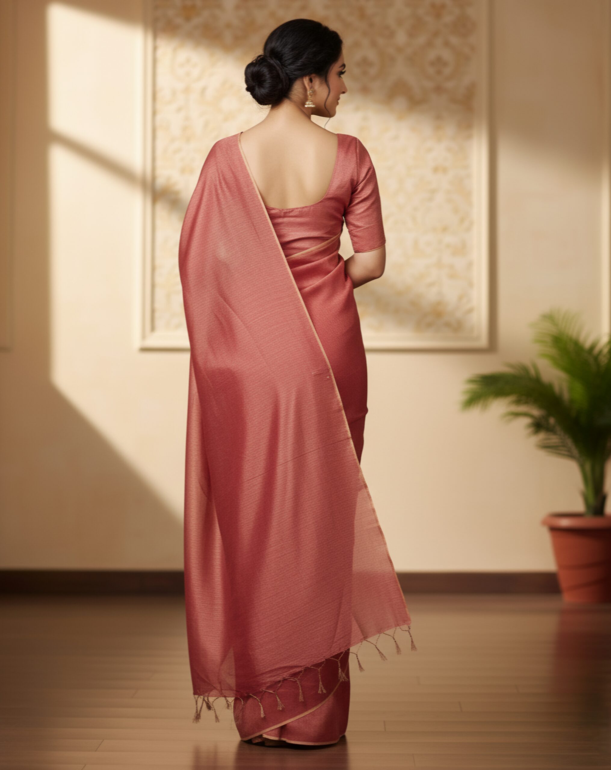 Elegant Rose Gold Handloom Tissue Saree with Blouse Piece | Sutayan