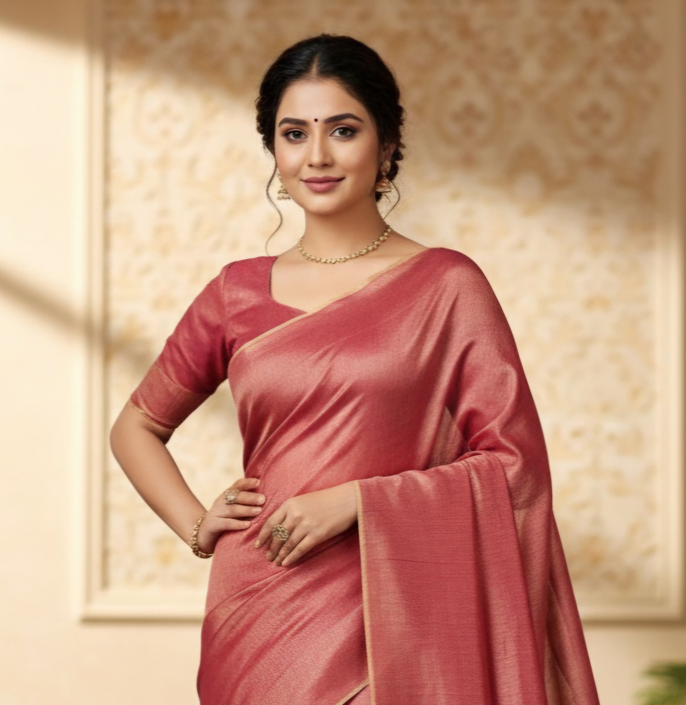 Elegant Rose Gold Handloom Tissue Saree with Blouse Piece | Sutayan