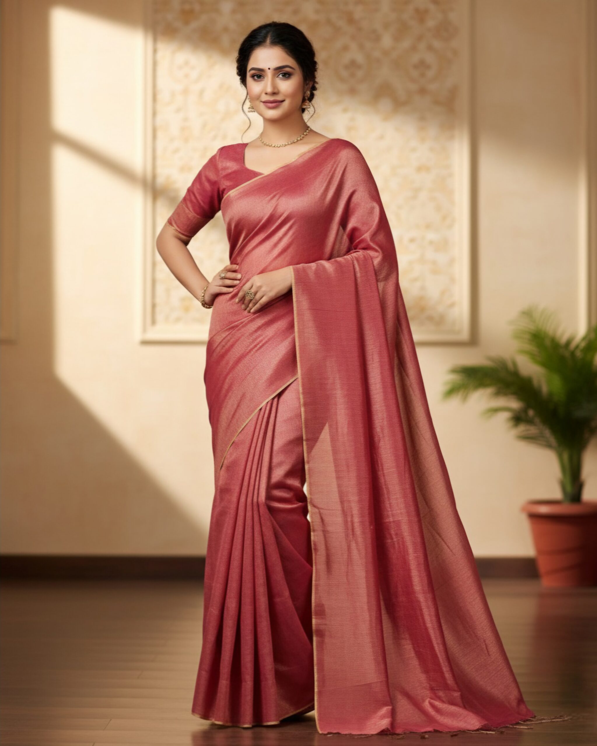 Elegant Rose Gold Handloom Tissue Saree with Blouse Piece | Sutayan