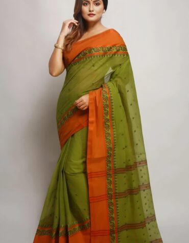 Elegant Green & Orange Pure Cotton Tant Saree with Woven Pallu | Sutayan