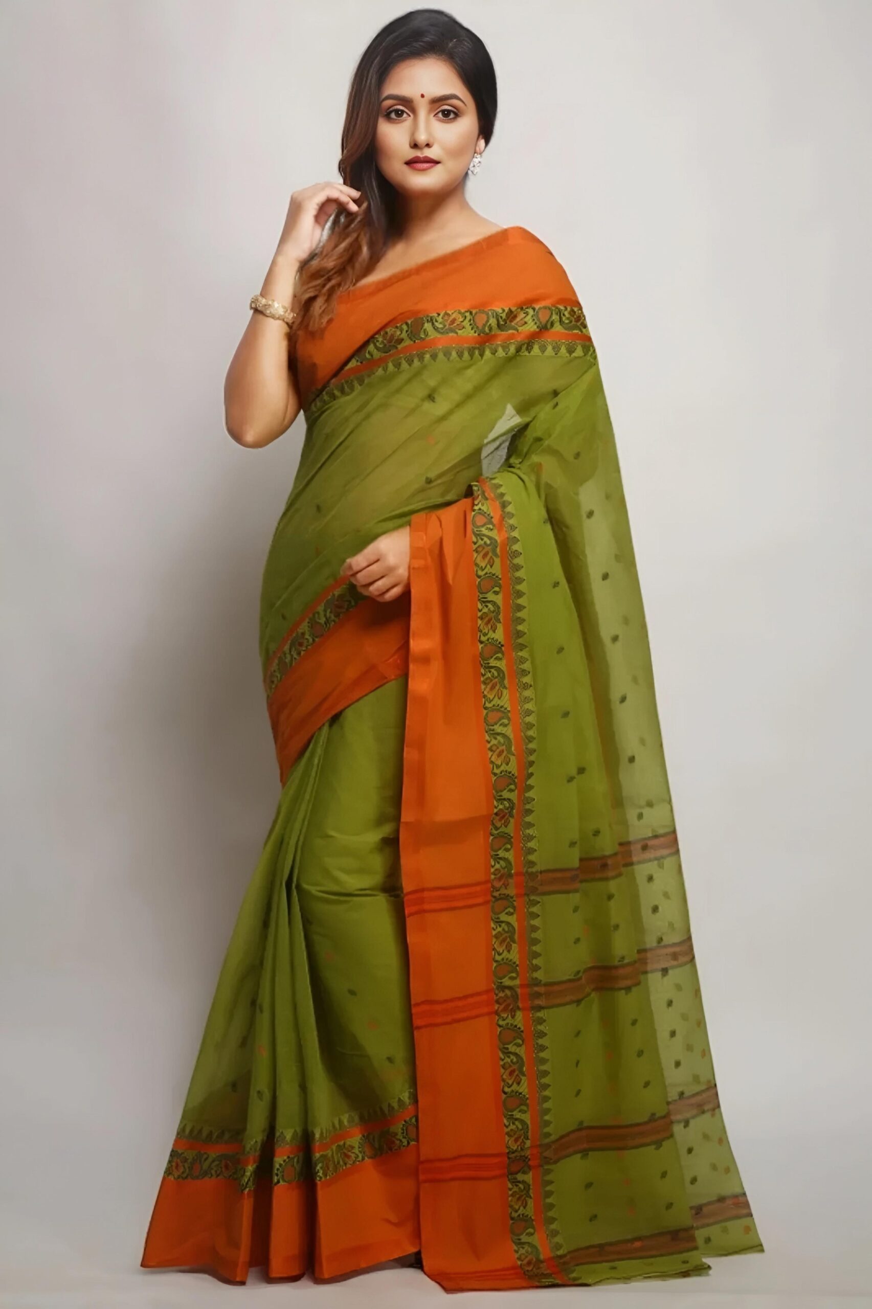 Elegant Green & Orange Pure Cotton Tant Saree with Woven Pallu | Sutayan