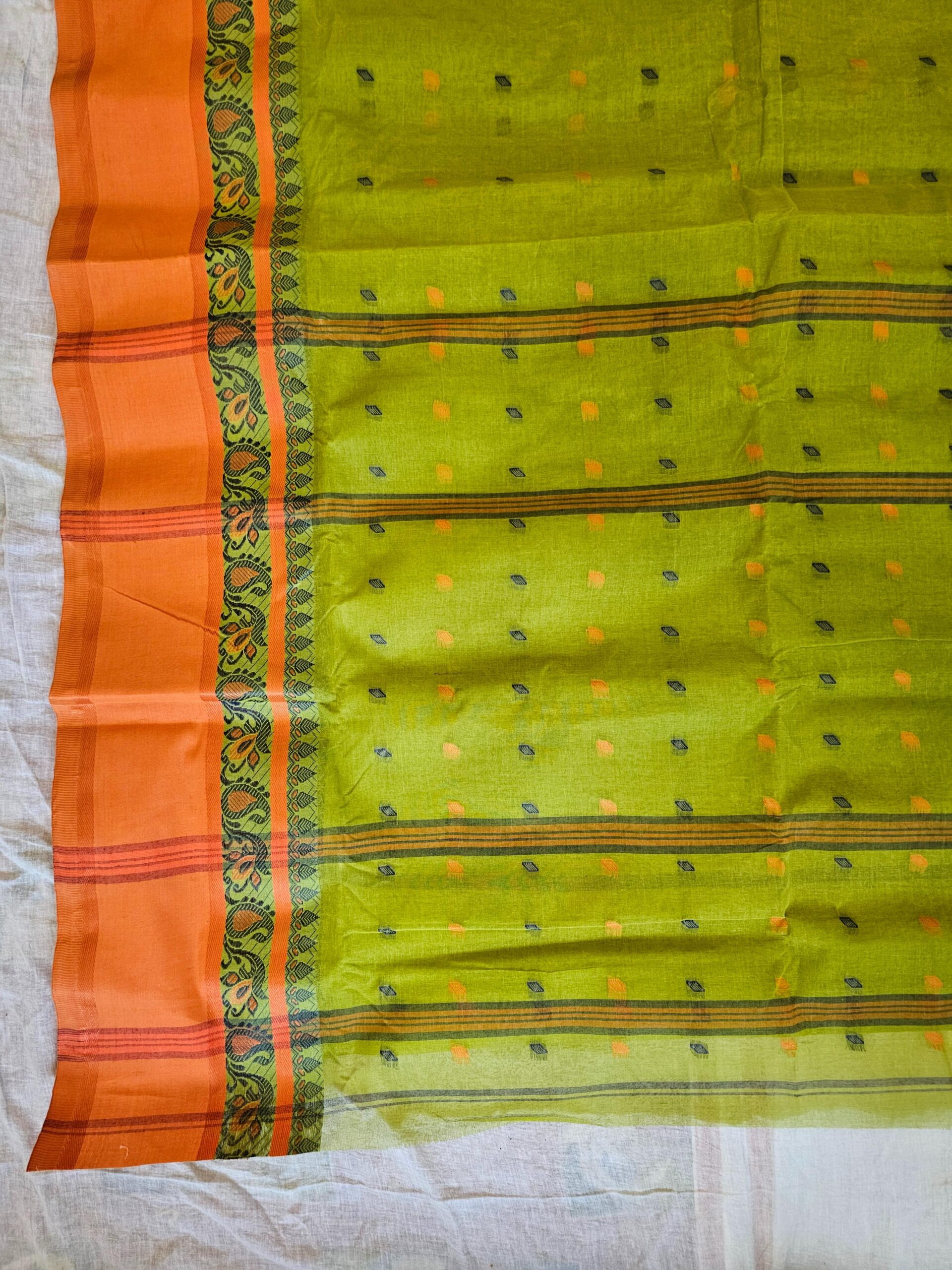 Elegant Green & Orange Pure Cotton Tant Saree with Woven Pallu | Sutayan