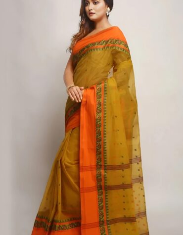Vibrant Mustard Yellow & Orange Pure Cotton Tant Saree | Sutayan