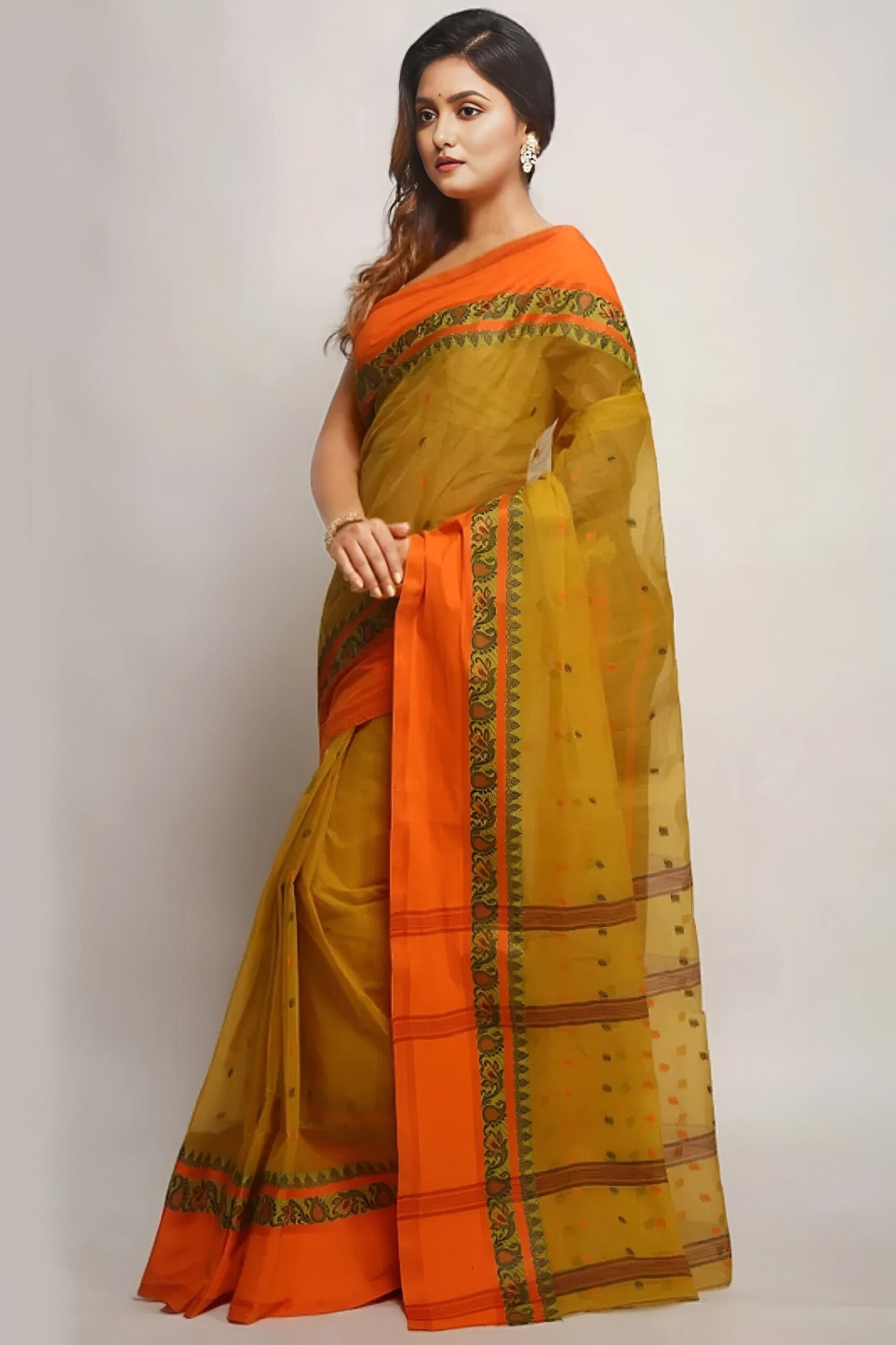 Vibrant Mustard Yellow & Orange Pure Cotton Tant Saree | Sutayan