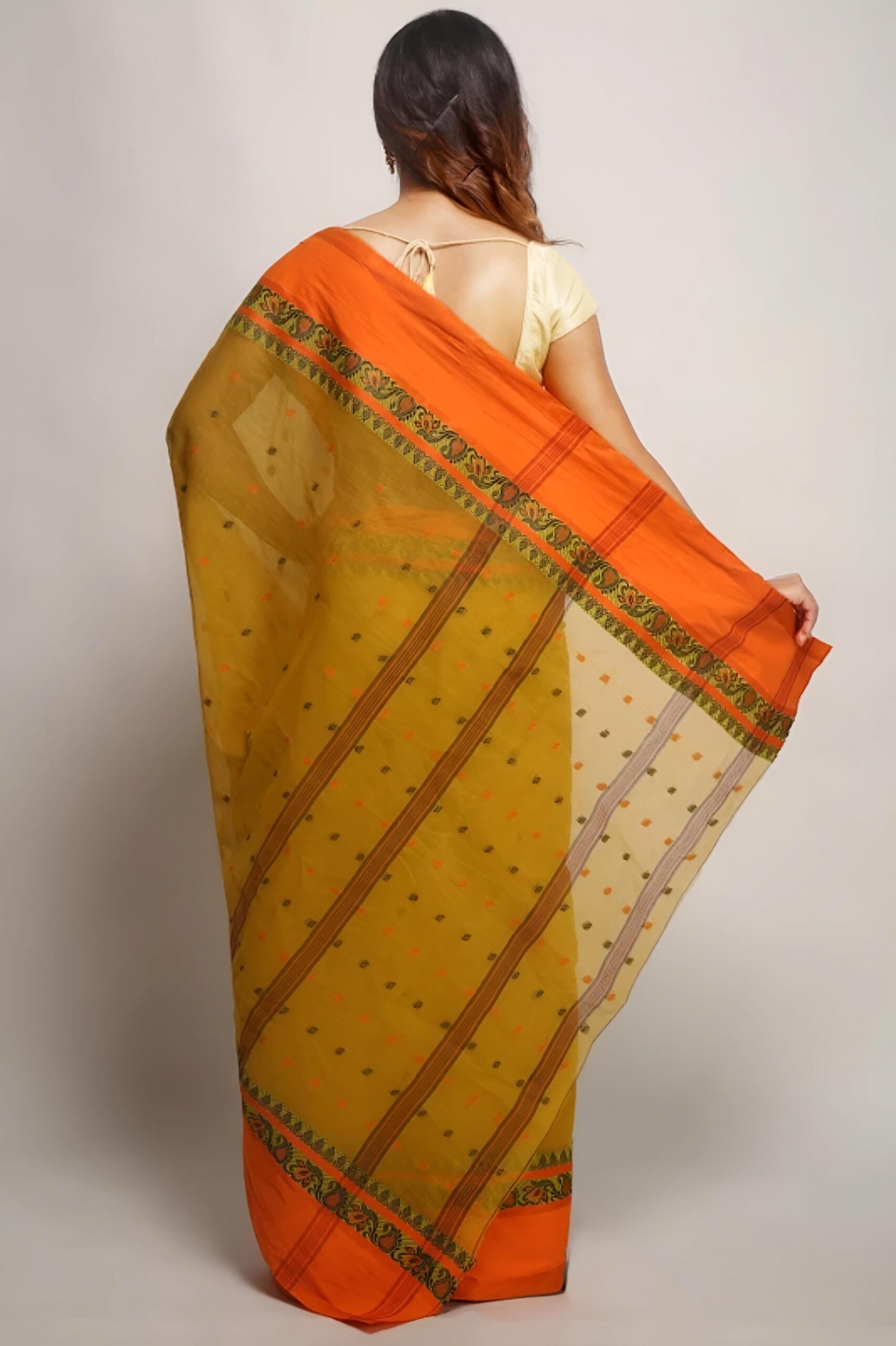 Vibrant Mustard Yellow & Orange Pure Cotton Tant Saree | Sutayan