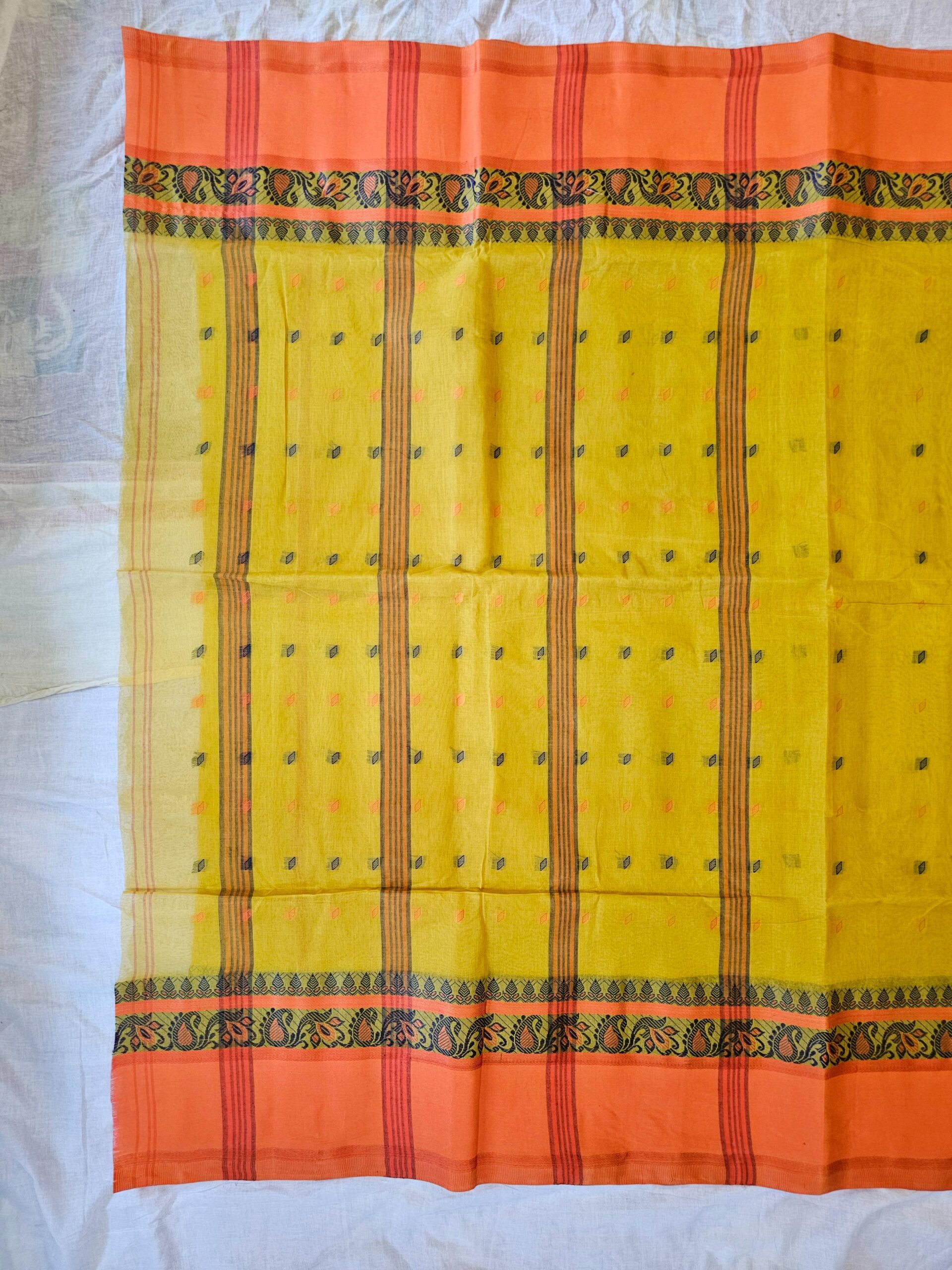 Vibrant Mustard Yellow & Orange Pure Cotton Tant Saree | Sutayan