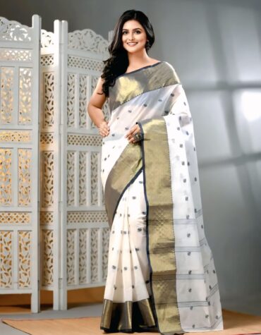 Elegant White & Gold Pure Cotton Tant Saree | Sutayan