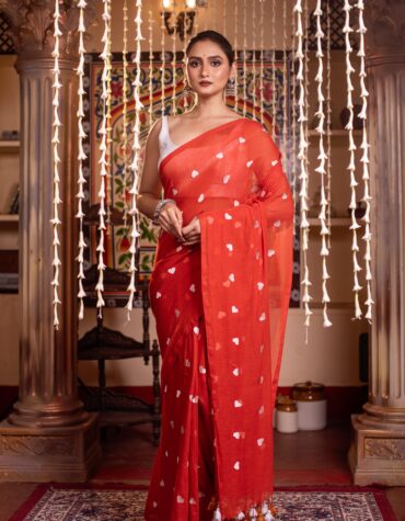 Radiant Red Mul Cotton Saree with White Heart Emboiderdy | Sutayan