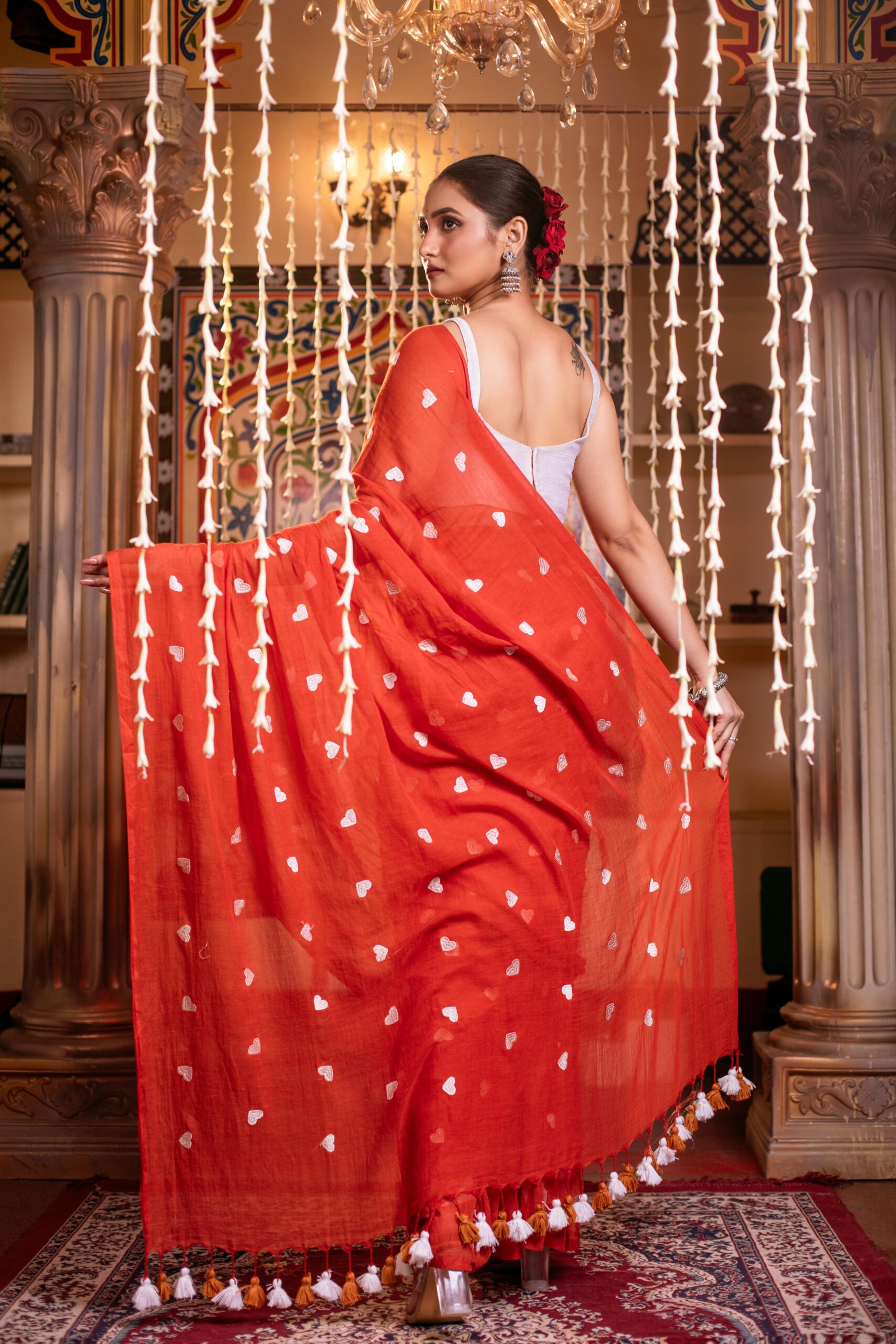 Radiant Red Mul Cotton Saree with White Heart Emboiderdy | Sutayan