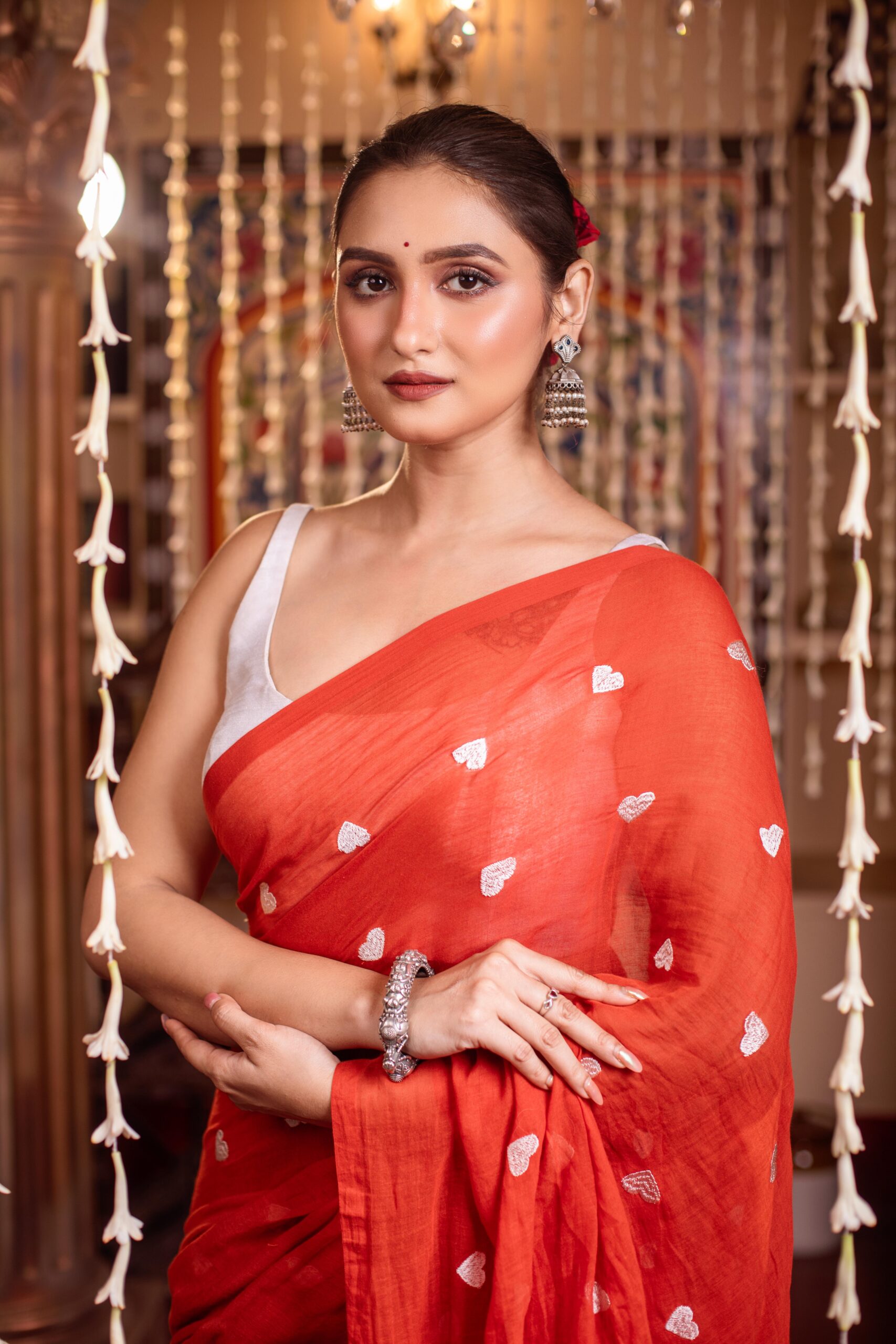 Radiant Red Mul Cotton Saree with White Heart Emboiderdy | Sutayan