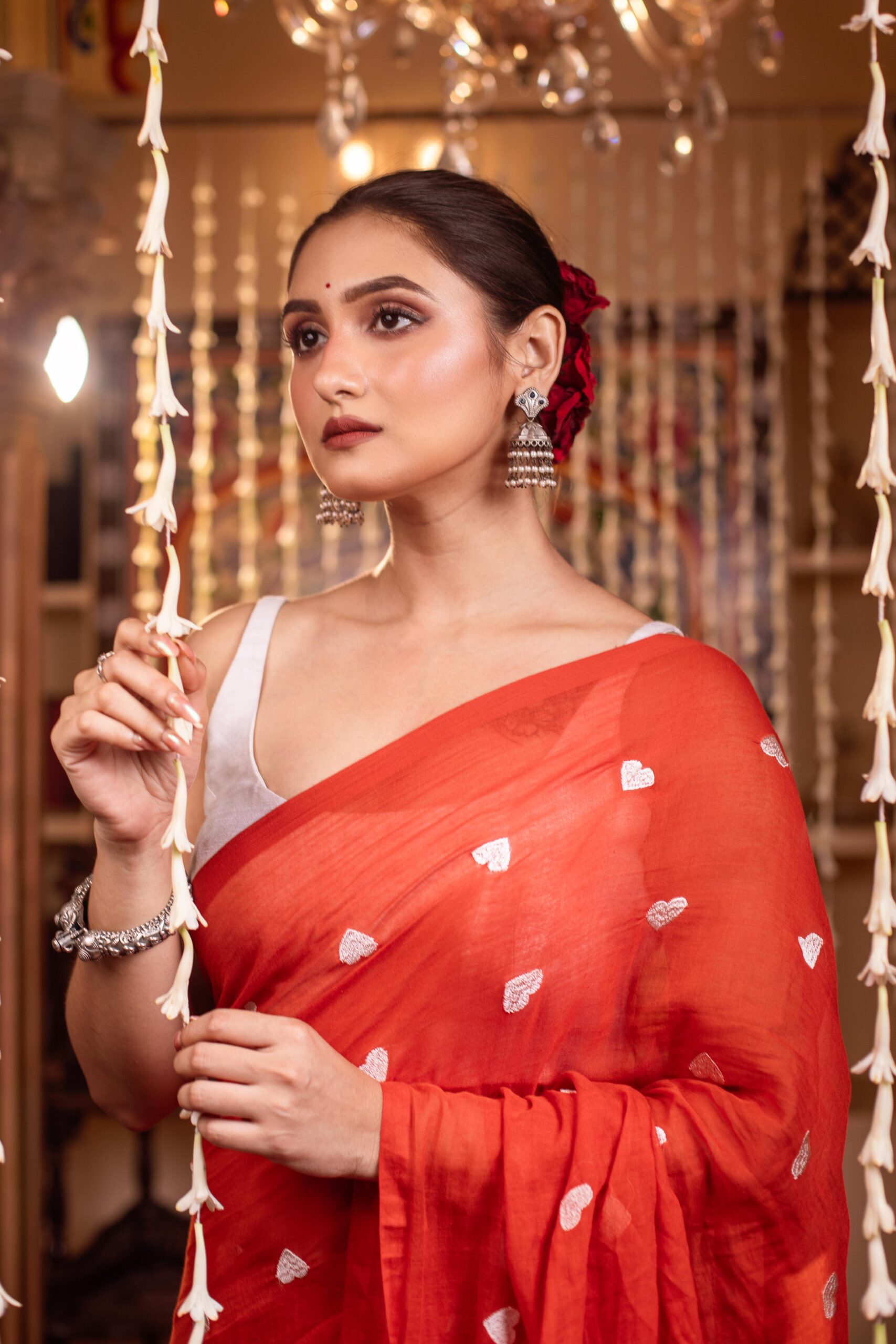 Radiant Red Mul Cotton Saree with White Heart Emboiderdy | Sutayan