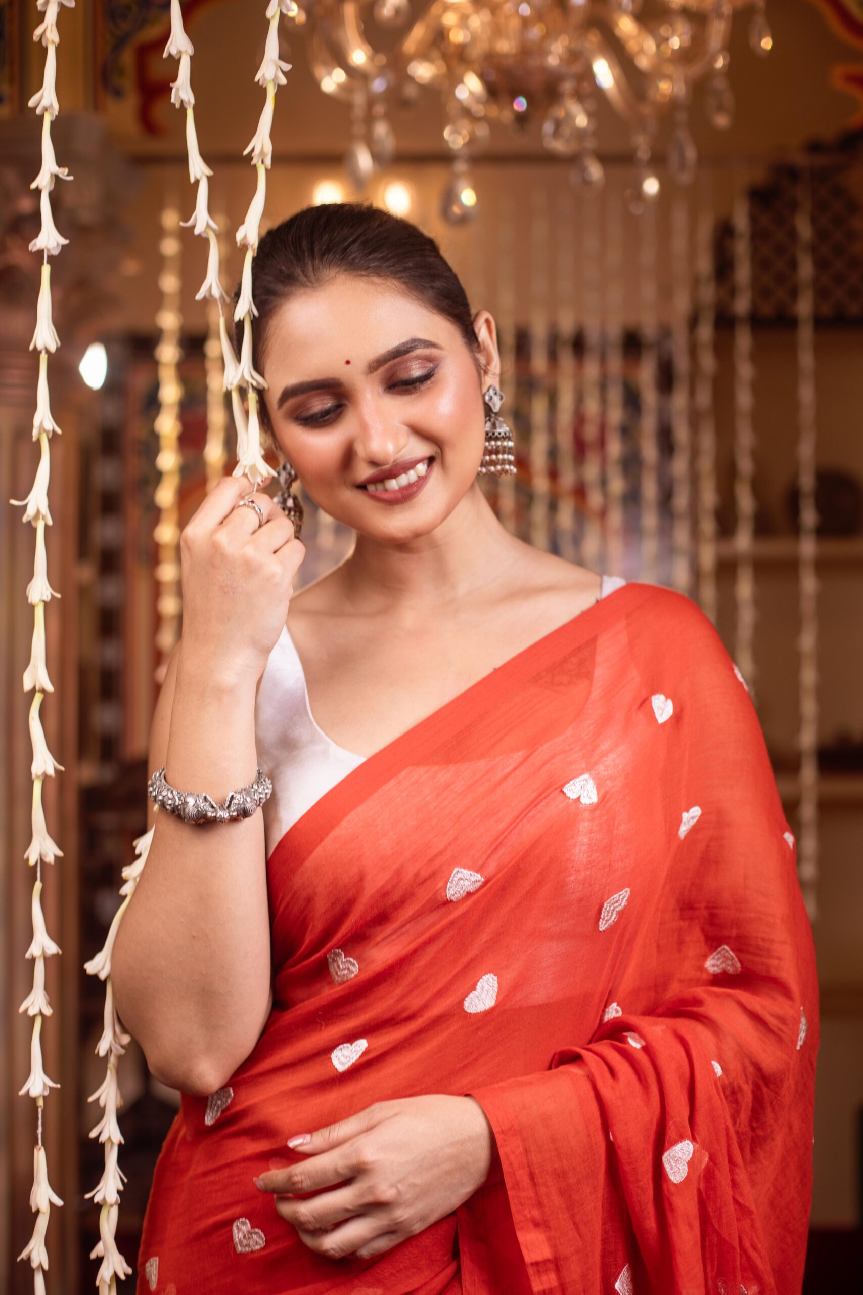 Radiant Red Mul Cotton Saree with White Heart Emboiderdy | Sutayan