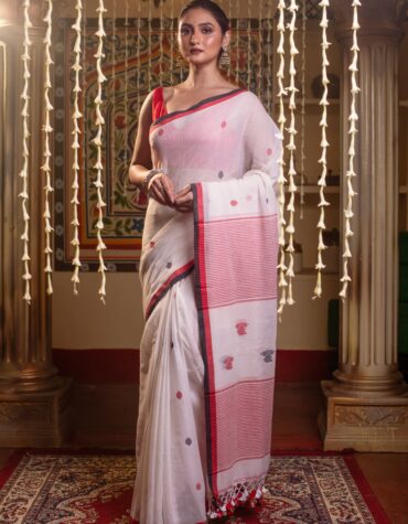 Authentic Phulia Handloom White Cotton Jamdani Saree with Red & Black Border | Sutayan