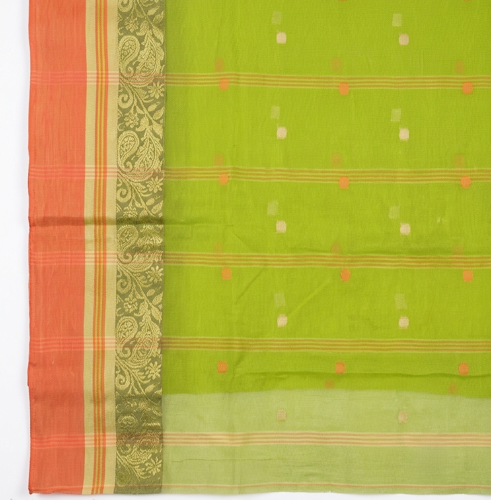 Authentic Phulia Handloom Leaf Green Cotton Tant Saree with Orange Zari Border  (Without Blouse Piece)| Sutayan