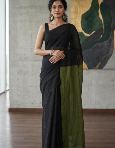 Elegant Black & Olive Green Khadi Cotton Saree with Running Blouse