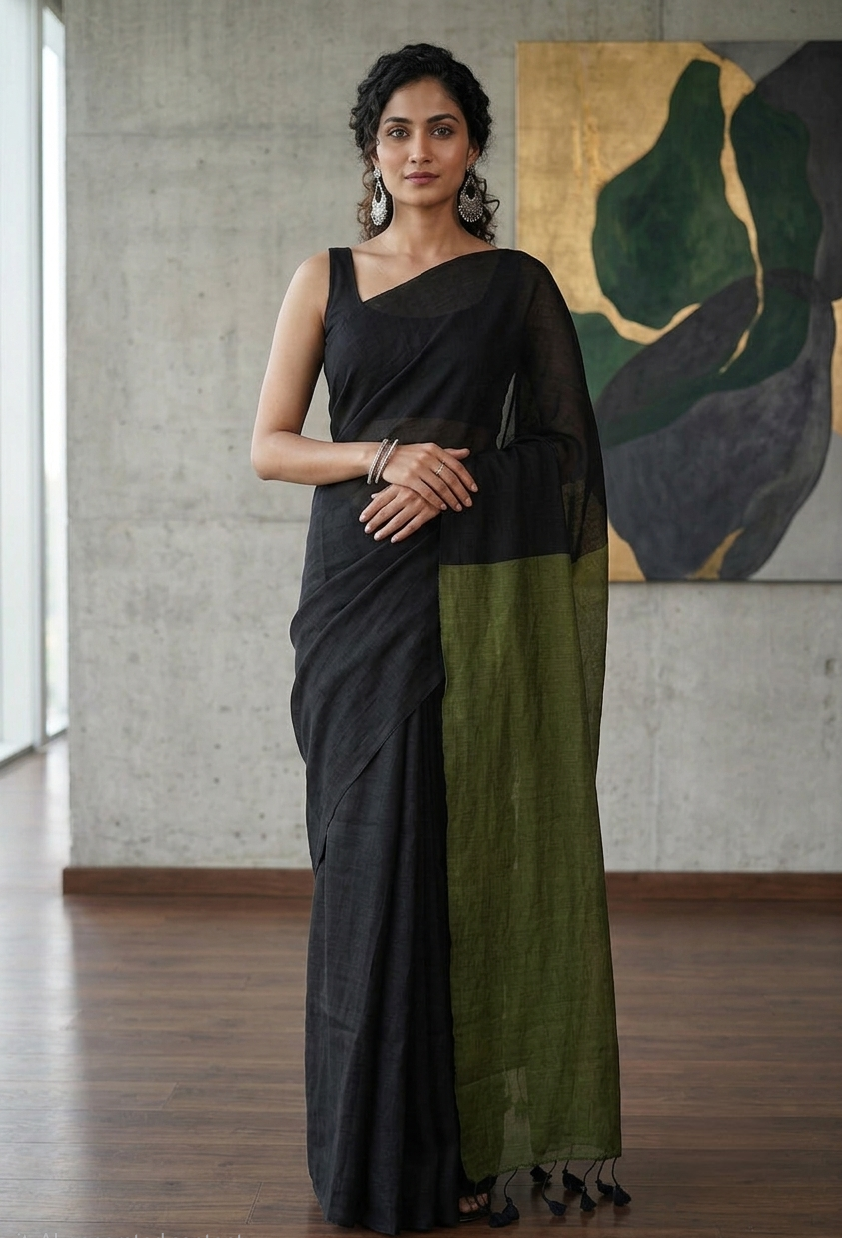 Elegant Black & Olive Green Khadi Cotton Saree with Running Blouse