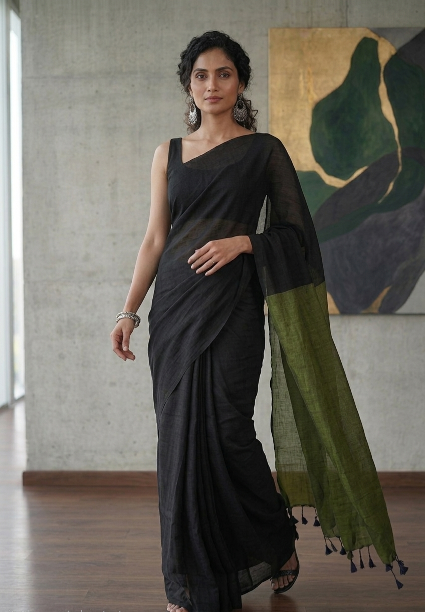 Elegant Black & Olive Green Khadi Cotton Saree with Running Blouse