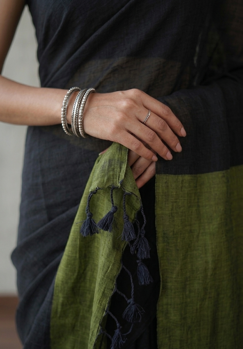 Elegant Black & Olive Green Khadi Cotton Saree with Running Blouse