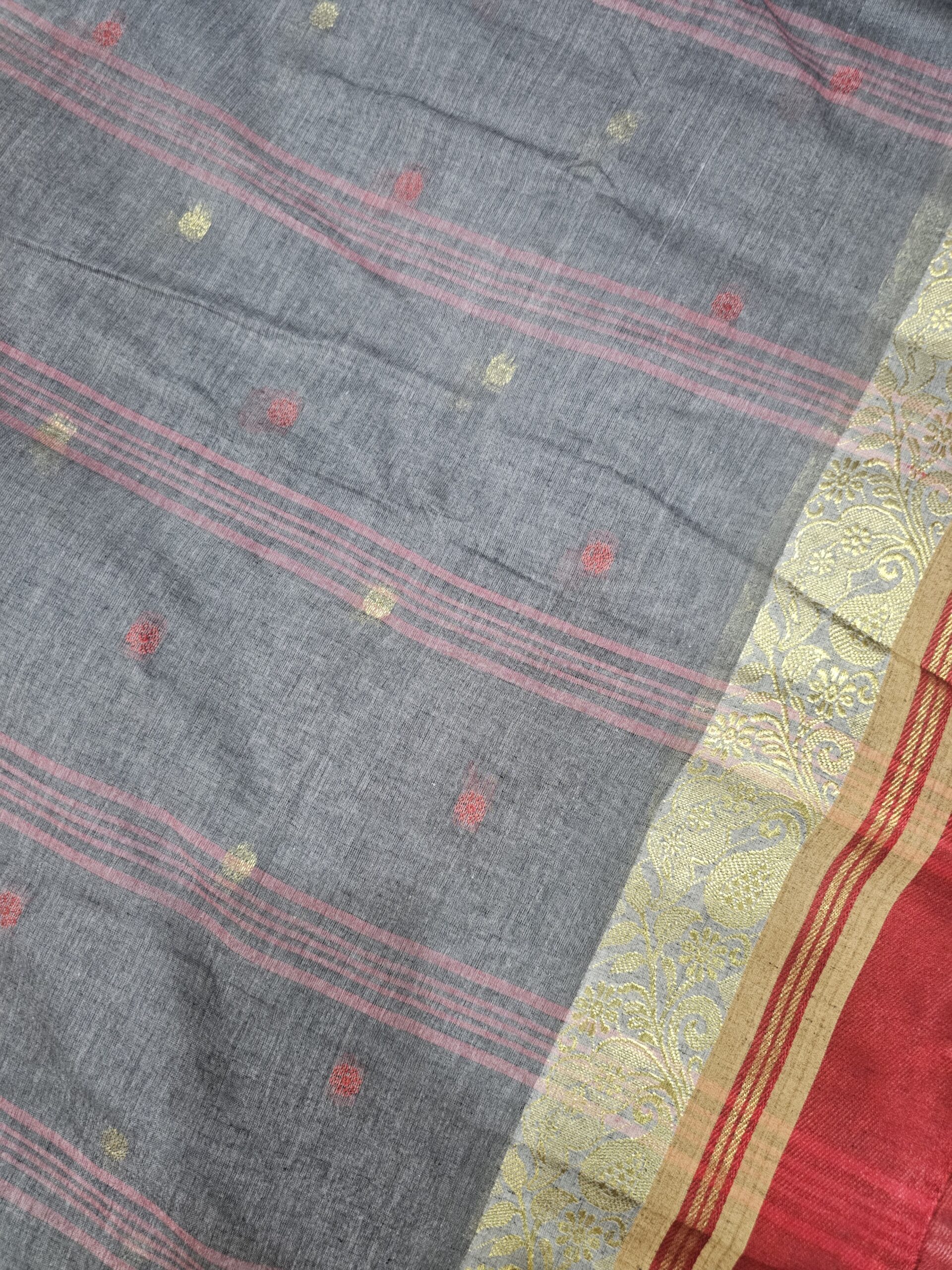 Authentic Phulia Handloom Grey Cotton Tant Saree with Maroon Zari Border  (Without Blouse Piece)| Sutayan