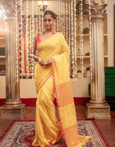 Vibrant Yellow Handloom Cotton Jamdani Saree with Red & Green Motifs | Sutayan