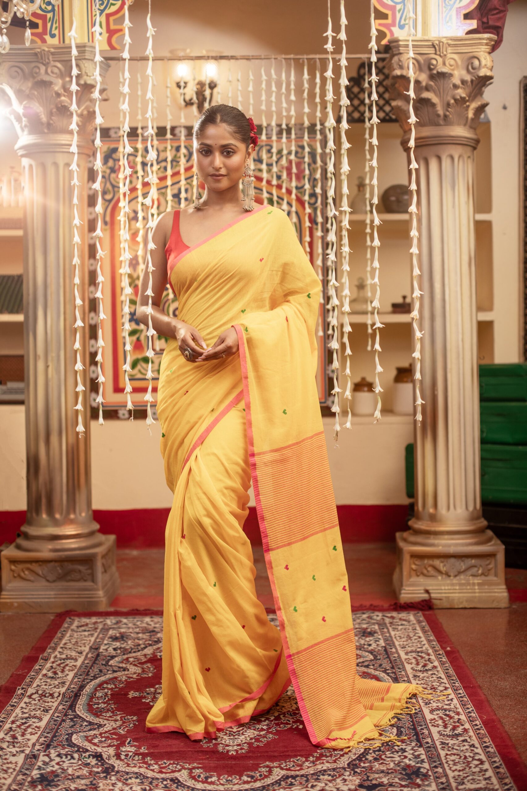 Vibrant Yellow Handloom Cotton Jamdani Saree with Red & Green Motifs | Sutayan