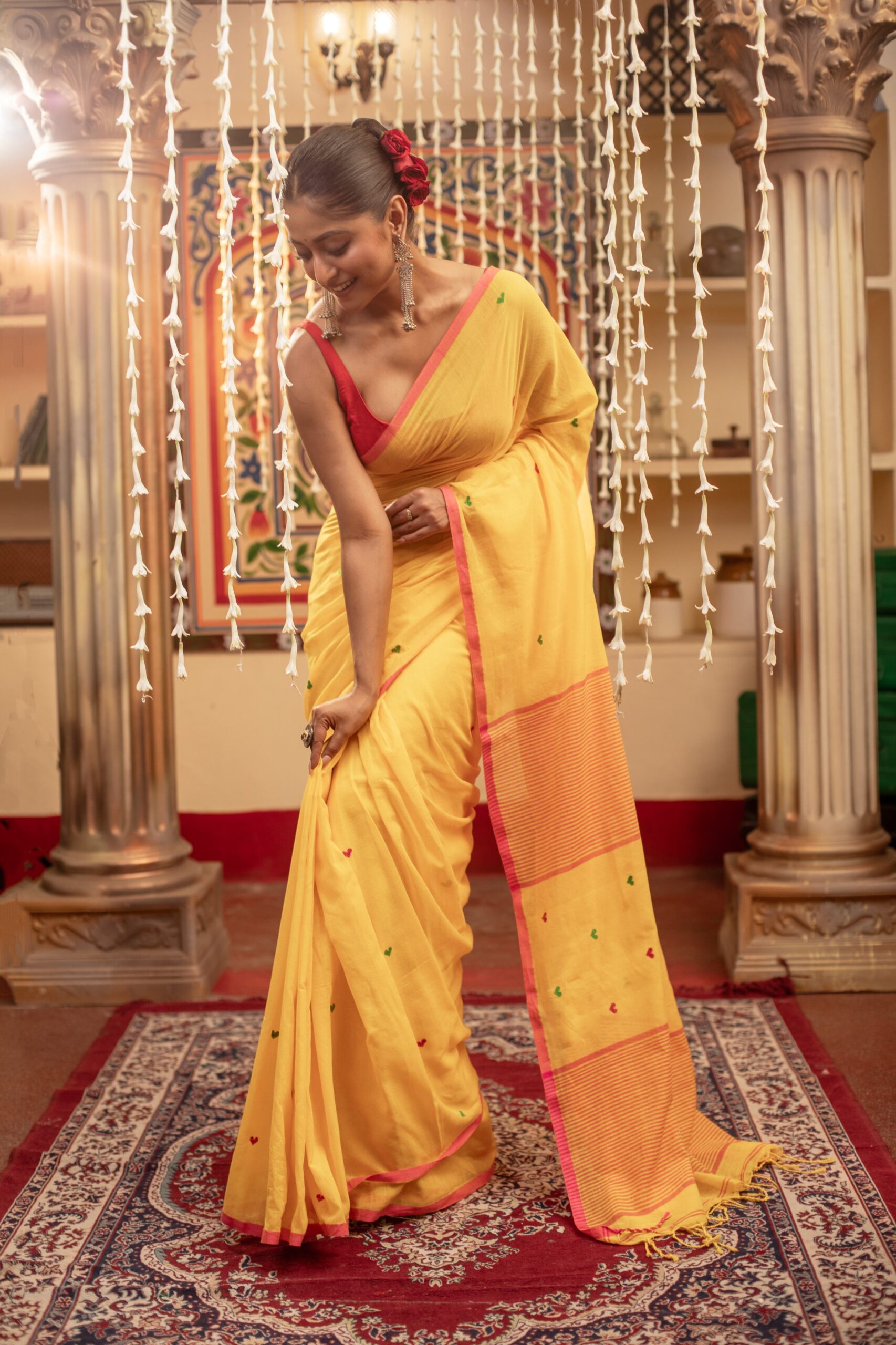 Vibrant Yellow Handloom Cotton Jamdani Saree with Red & Green Motifs | Sutayan