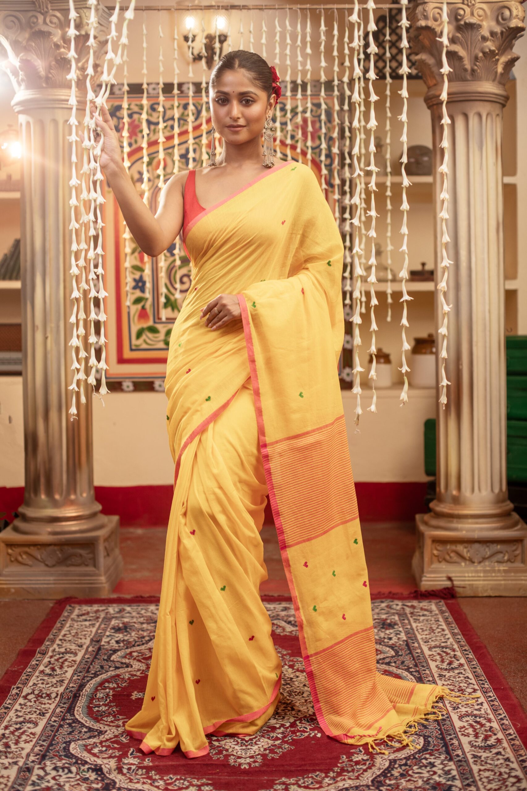 Vibrant Yellow Handloom Cotton Jamdani Saree with Red & Green Motifs | Sutayan