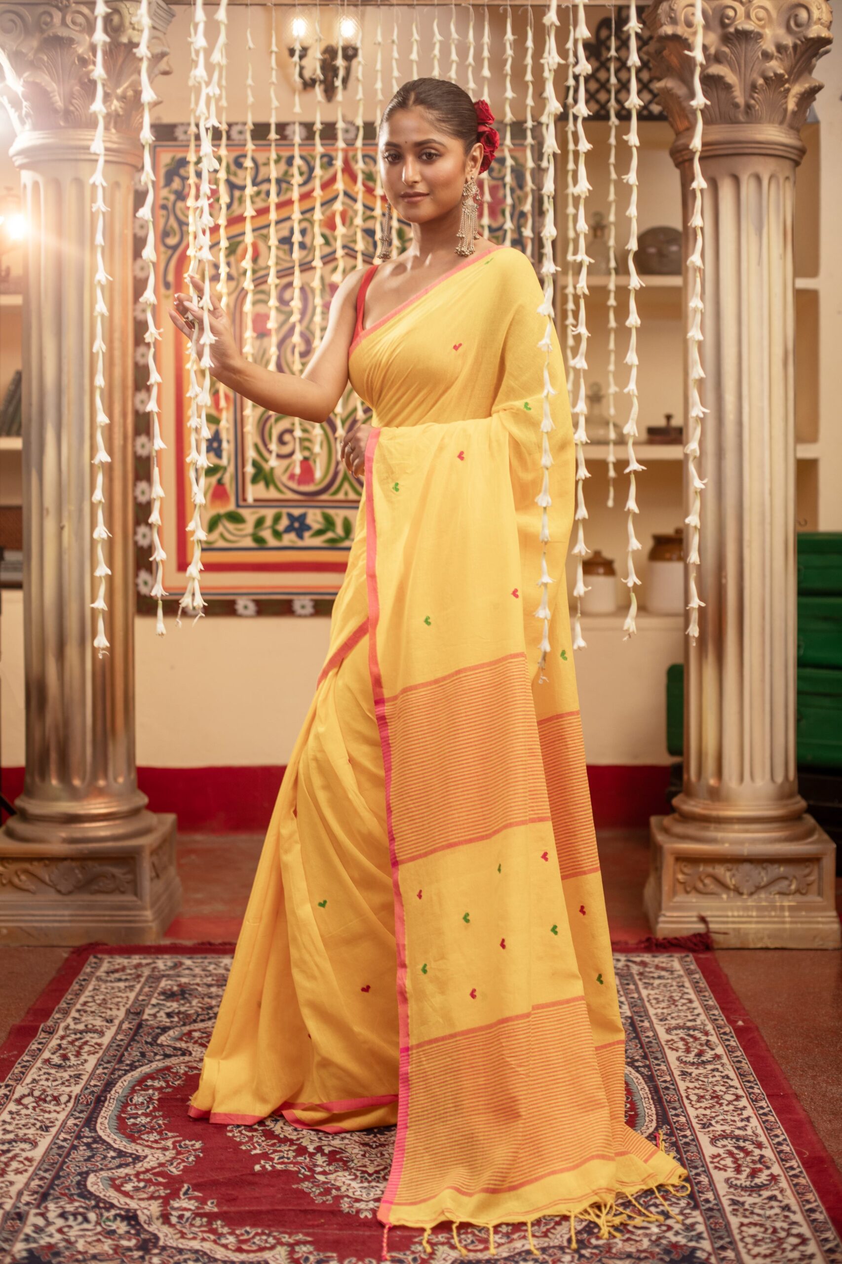 Vibrant Yellow Handloom Cotton Jamdani Saree with Red & Green Motifs | Sutayan