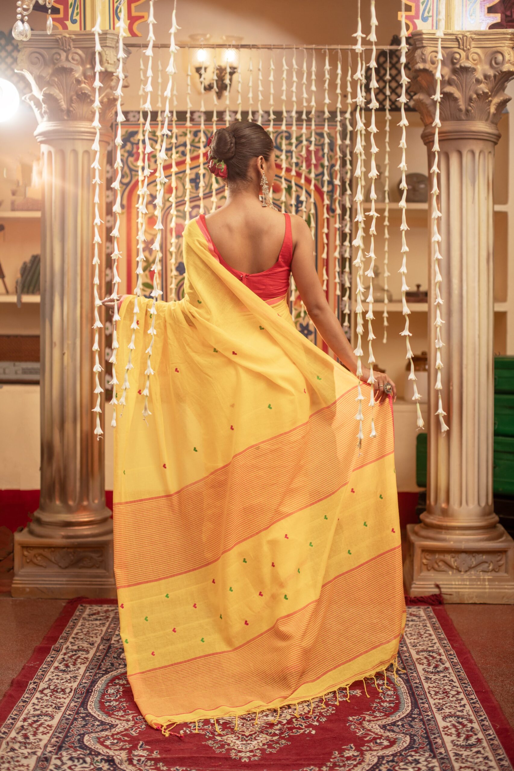 Vibrant Yellow Handloom Cotton Jamdani Saree with Red & Green Motifs | Sutayan